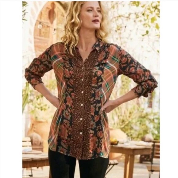 Soft Surroundings Top Button Down Shirt Mixed Print Plaid Animal Medium M Boho - Picture 9 of 9